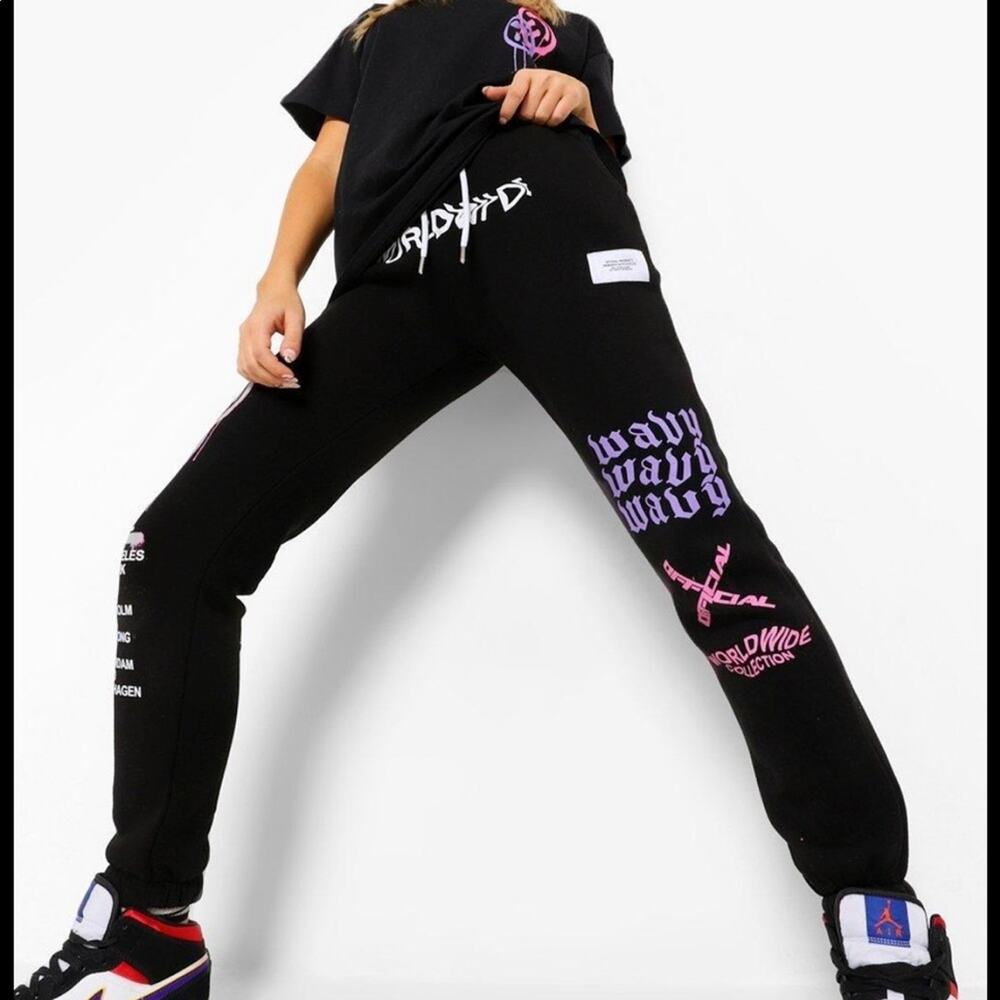 Boohoo Graffiti Graphic Joggers in Black Multi